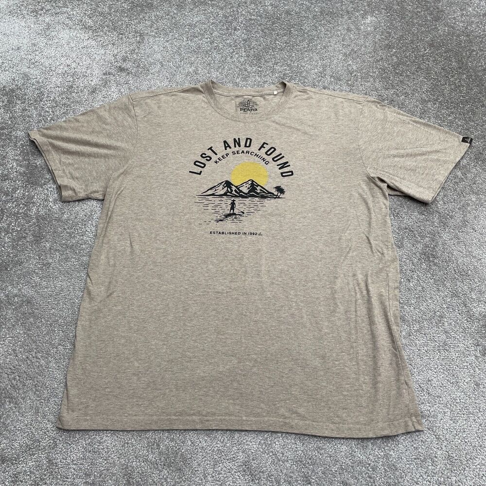 Prana Graphic T-Shirt Mens XXL Brown Crew Neck Short Sleeve Casual Cotton Tee